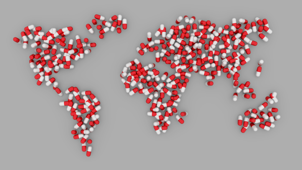 world map comprised of pills