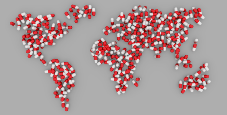 world map comprised of pills